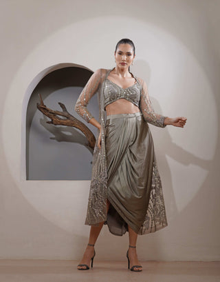 Abstract Mirror & Zari Embroidered Long Cape with Satin Drape Skirt
