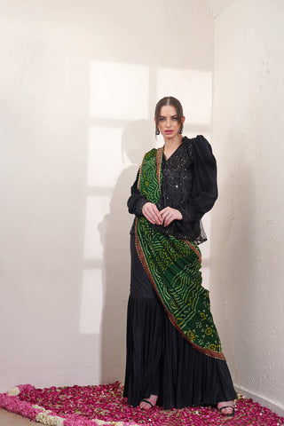 Black Pleated Sharara with Bead Work Peplum and Green Dupatta