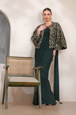 Dark Green Crepe Saree with Bell Sleeves & Silk Jacket