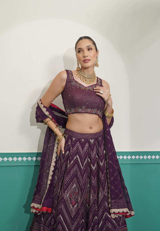 Dark Wine Lehenga with Zig Zag Embroidery, Satin Drape Skirt
