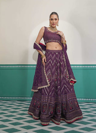 Dark Wine Zig Zag Embroidered Lehenga Set with Satin Skirt