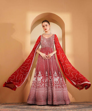 Elegant red gown embellished with silver and white embroidery & cape sleeves.
