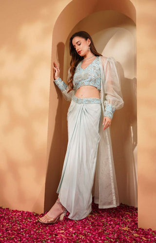 Embroidered Drape Skirt and Blouse Set with Organza Cape & Cuff Sleeves