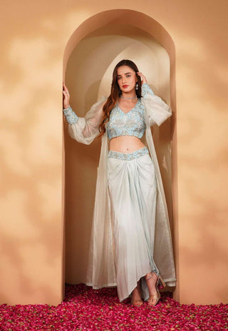 Embroidered Drape Skirt with Belt, Blouse & Organza Cape with Cuff Sleeves