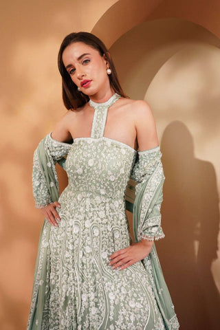 Embroidered Teal Off-Shoulder Gown with Full Sleeves and Dupatta