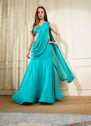 Fish Cut Drape Skirt with Embroidered Pallu & Noodle Strap Blouse
