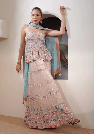 Floral Embroidered Sharara and Peplum with Powder Blue Dupatta