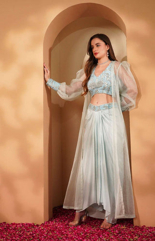 Front Pleated Skirt with Embroidered Blouse & Organza Cape with Cuffed Sleeves