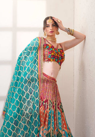 Full Flared Silk Kali Lehenga with Turquoise Gota Work Dupatta