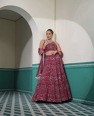 Heavy Embroidered Dark Maroon Lehenga with Blouse and Net Dupatta