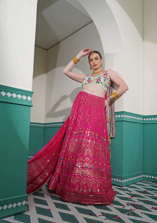 Heavy Embroidered Hot Pink Lehenga with Mirror Work Blouse & Dupatta