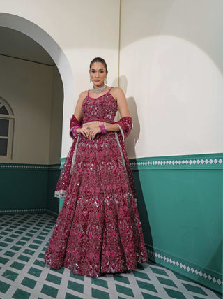 Heavy Embroidery Dark Maroon Lehenga with Blouse & Net Dupatta