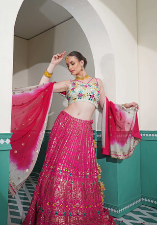 Hot Pink Georgette Lehenga with Sea Green Mirror Work Blouse