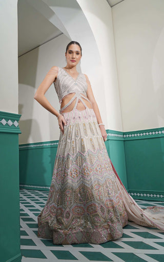 Light Pink Georgette Heavy Embroidered Yoke with Flair and Straps