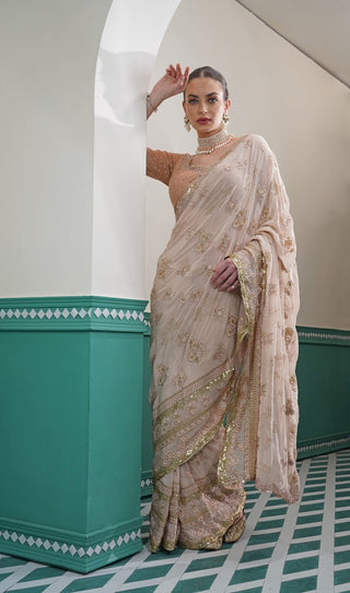 Light Fawn Georgette Saree, Underskirt & Peach Thread Work Blouse