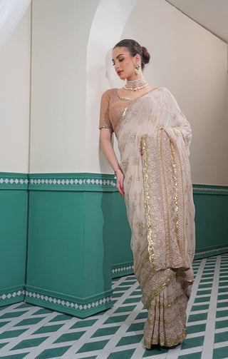 Light Fawn Georgette Saree with Peach Thread Work Blouse