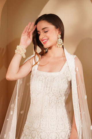 Luxurious White on White Embroidered Double Net Gown with Dupatta