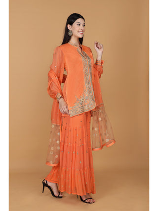 Floral Embroidered Empire Aari Work Kurti with Sharara & With Dupatta