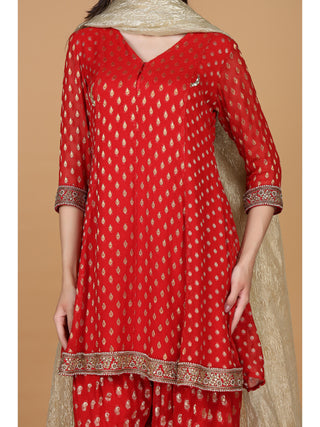 Floral Woven Design Aari Work Georgette Anarkali Kurti With Salwar & Dupatta