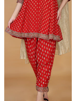 Floral Woven Design Aari Work Georgette Anarkali Kurti With Salwar & Dupatta