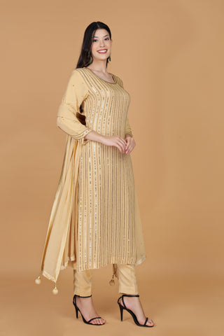 Striped Sequnnied Georgette A-Line Kurta With Trousers & Dupatta