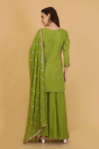 Women Green Aari Work Top with Sharara & With Dupatta