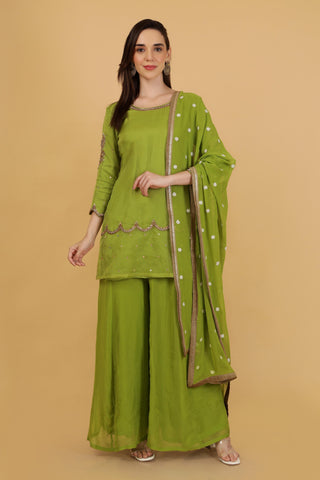 Women Green Aari Work Top with Sharara & With Dupatta