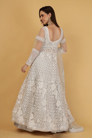 Women White Embroidered Anarkali Satin Suit