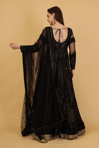 Women Black Embroidered Anarkali Satin Suit