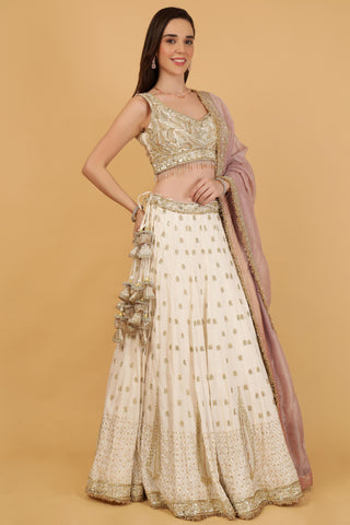 Women Off White Embroidered Georgette Lehenga