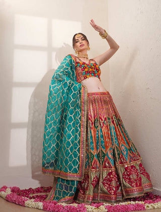 Multicolored Silk Kali Lehenga Set with Turquoise Gota Work Dupatta