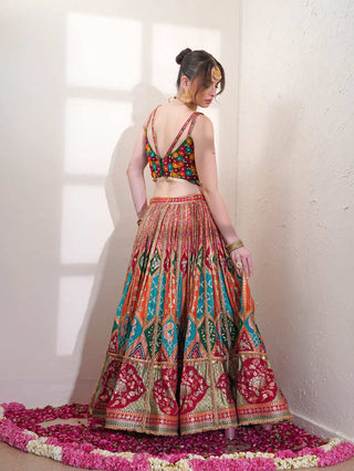 Multicolored Silk Lehenga Set with Organza Gota Work Dupatta