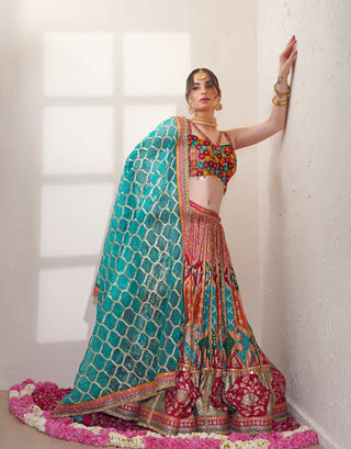 Multicolored Silk Lehenga with Turquoise Organza Gota Work Dupatta
