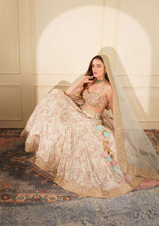 Pastel Multicoloured Printed Lehenga with Pink Blouse & Blue Organza Dupatta