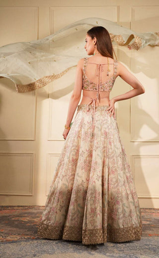 Pastel Printed Lehenga with Light Pink Blouse & Blue Organza Dupatta