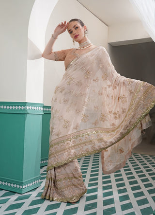 Peach Thread Work Blouse with Light Fawn Georgette Saree