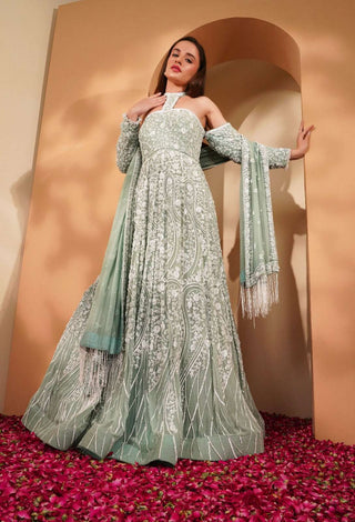Teal Off-Shoulder Gown with Heavy Embroidery, Full Sleeves & Dupatta
