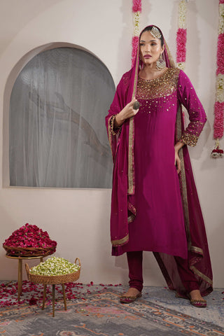 Wine Kurta Set with Sequins, Moti Embroidery & Satin Skirt