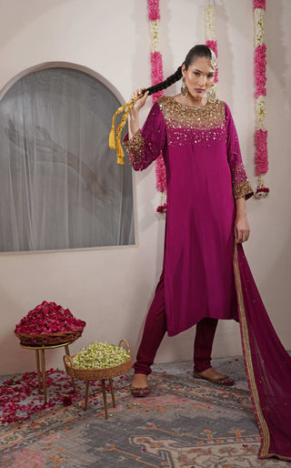 Wine Kurta with Sequin & Moti Embroidery, Satin Drape Skirt