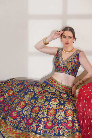 DARK BLUE PURE BROKADE BRIDAL LEHENGA SET