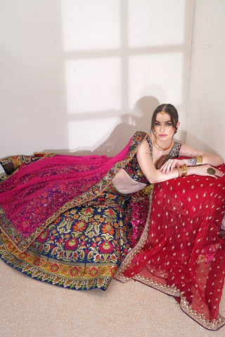 DARK BLUE PURE BROKADE BRIDAL LEHENGA SET