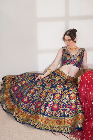 DARK BLUE PURE BROKADE BRIDAL LEHENGA SET