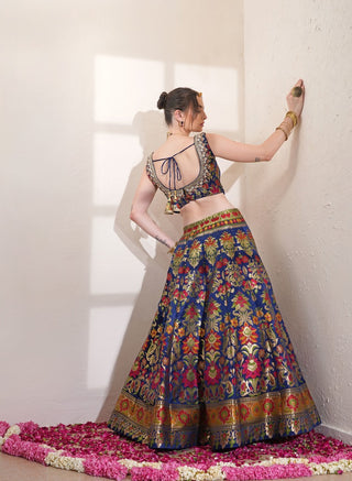 DARK BLUE PURE BROKADE BRIDAL LEHENGA SET