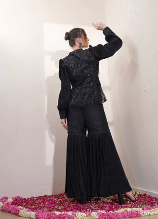 Bead Work Peplum with Black Sharara and Green Bandhani Dupatta