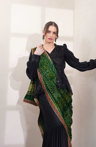 Black Sharara with Bead Work Peplum and Green Bandhani Dupatta
