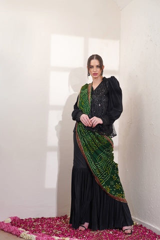 Black Pleated Sharara with Bead Work Peplum and Green Dupatta