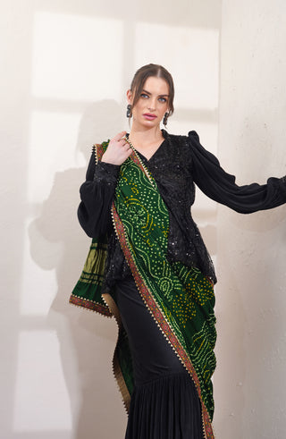 Black Sharara with Bead Work Peplum and Green Bandhani Dupatta