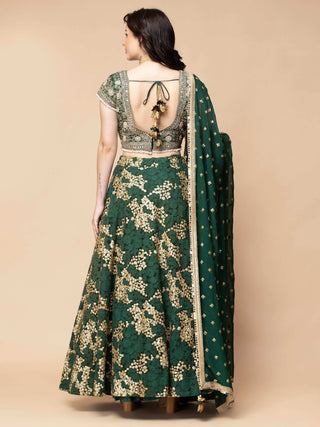 Bottle green thread lehenga with sequin skirt and zardozi blouse