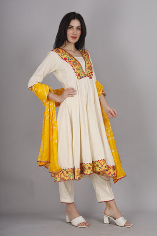 CREAM COTTON ANARKALI PANT SET