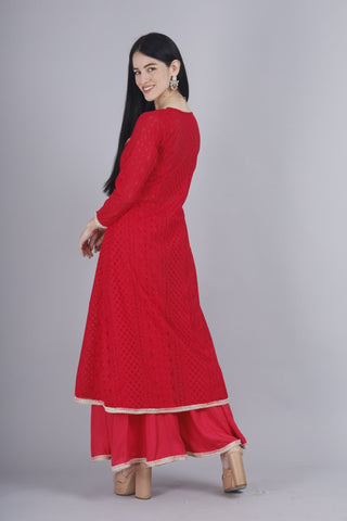 Chikan embroidered jacket and sharara set in reddish pink tones